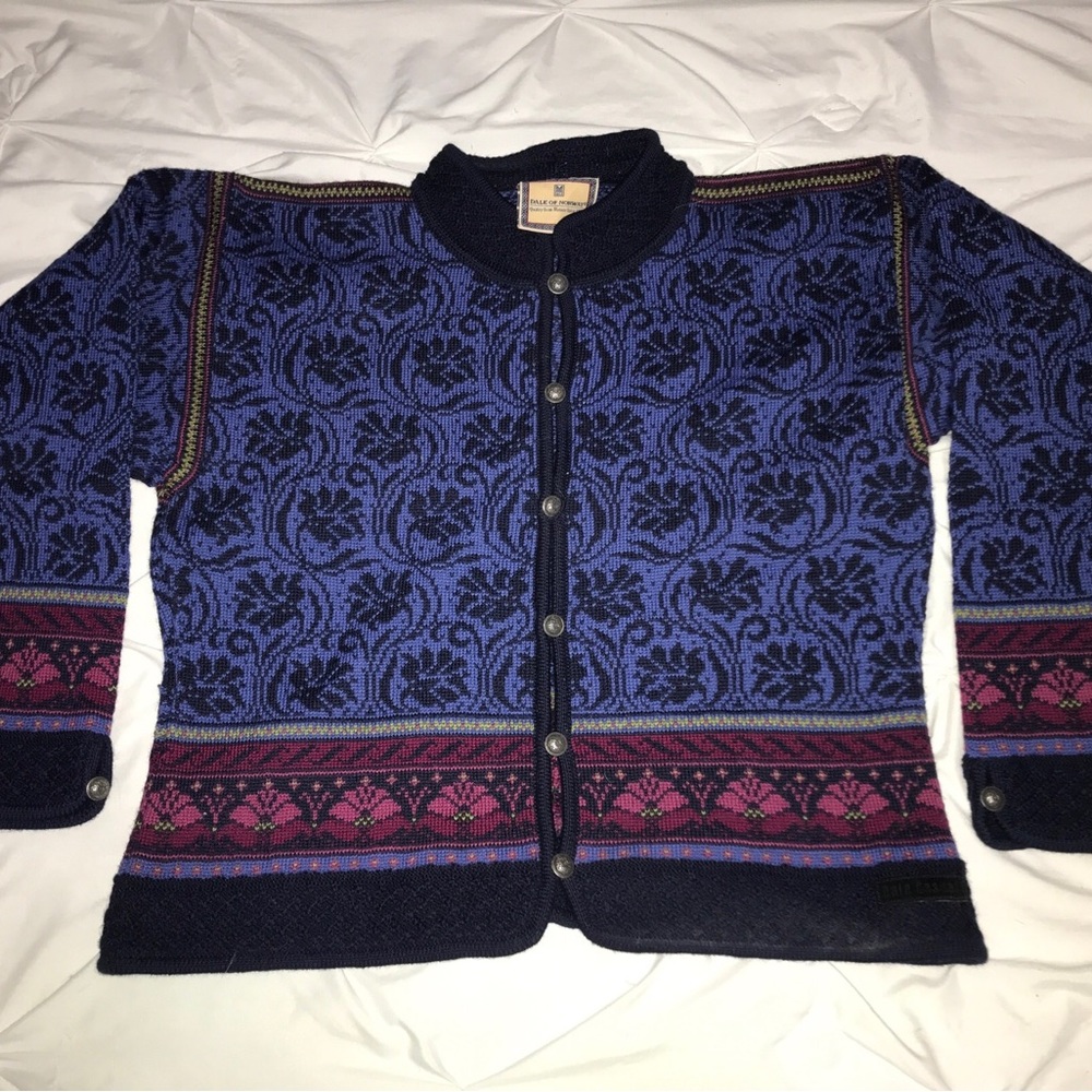 Women’s Dale Of Norway Wool Cardigan Sweater size L Blue Floral Green Pink